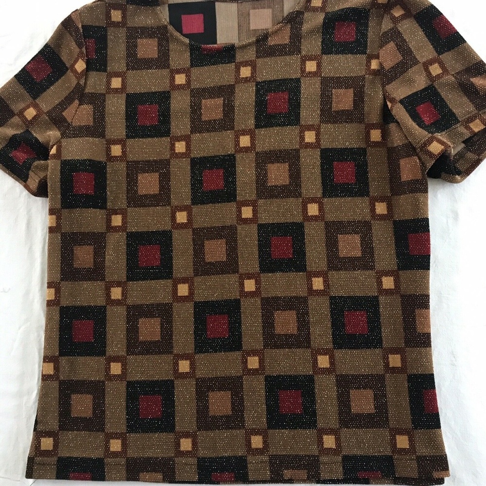 Metallic SZ LG Stretch Knit Top GeometricPrint EUC